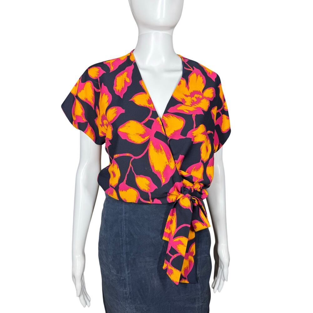 Allison Joy Leaves Wrap Blouse Vibrant Botanical Print Navy Magenta Orange Sz XS